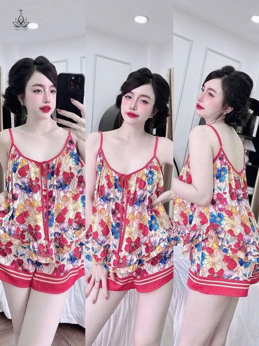 Bộ ngủ hoa 2 dây quần đùi lụa latin bèo đôi dưới 65kg