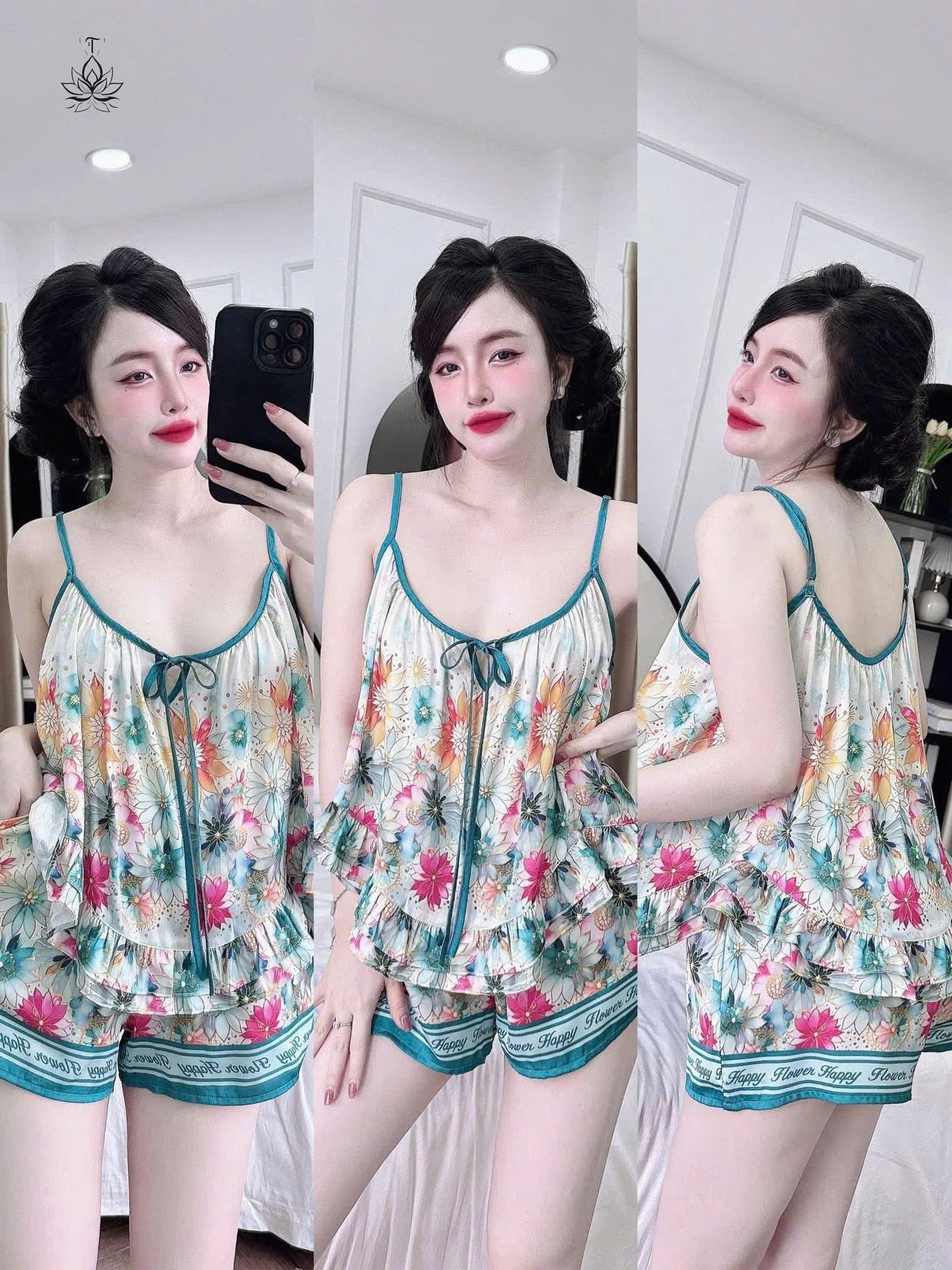 Bộ ngủ hoa 2 dây quần đùi lụa latin bèo đôi dưới 65kg