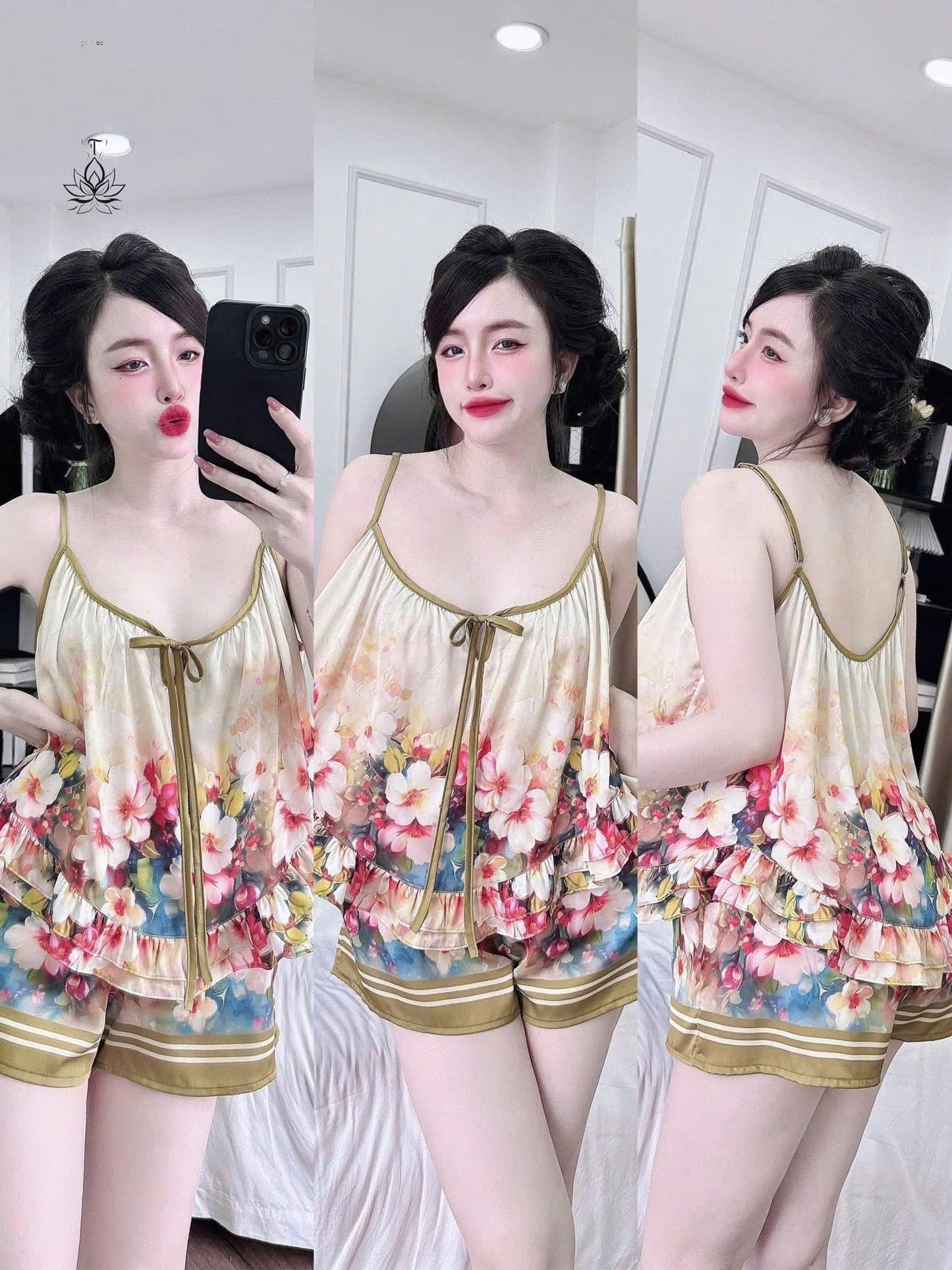 Bộ ngủ hoa 2 dây quần đùi lụa latin bèo đôi dưới 65kg