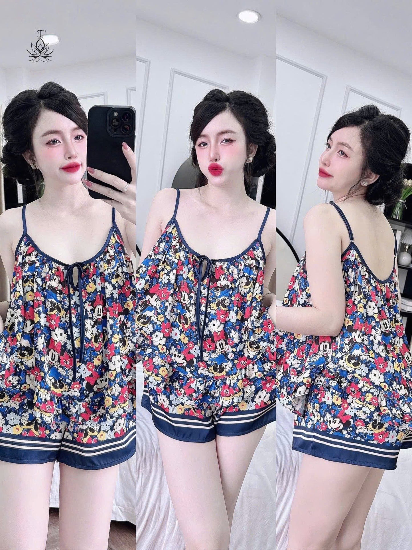 Bộ ngủ hoa 2 dây quần đùi lụa latin bèo đôi dưới 65kg