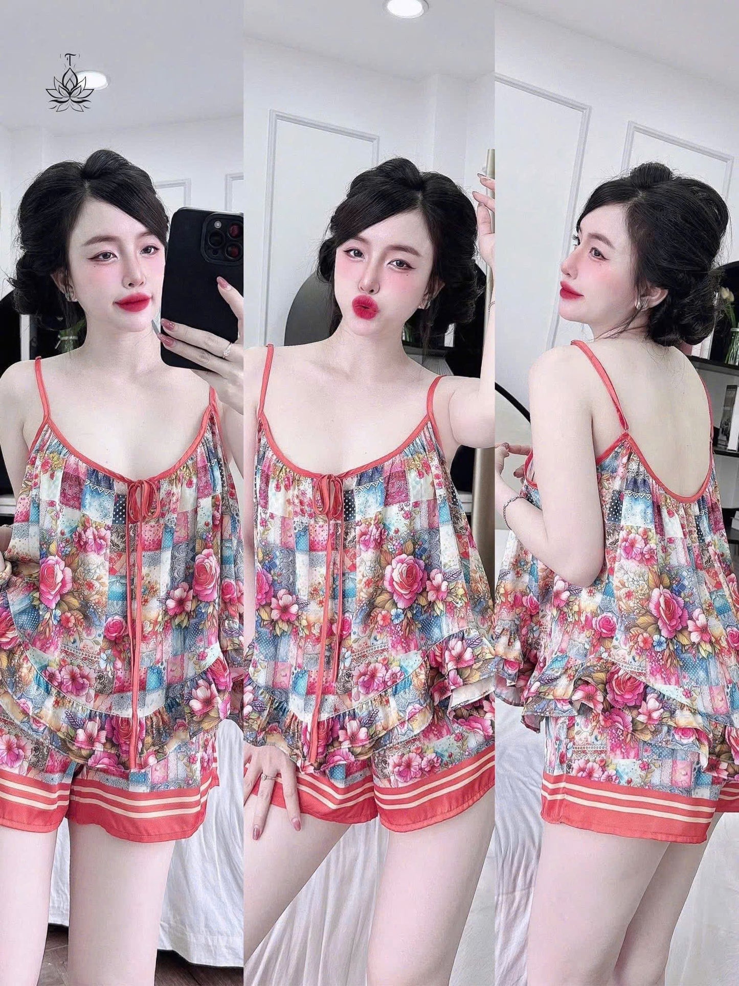 Bộ ngủ hoa 2 dây quần đùi lụa latin bèo đôi dưới 65kg