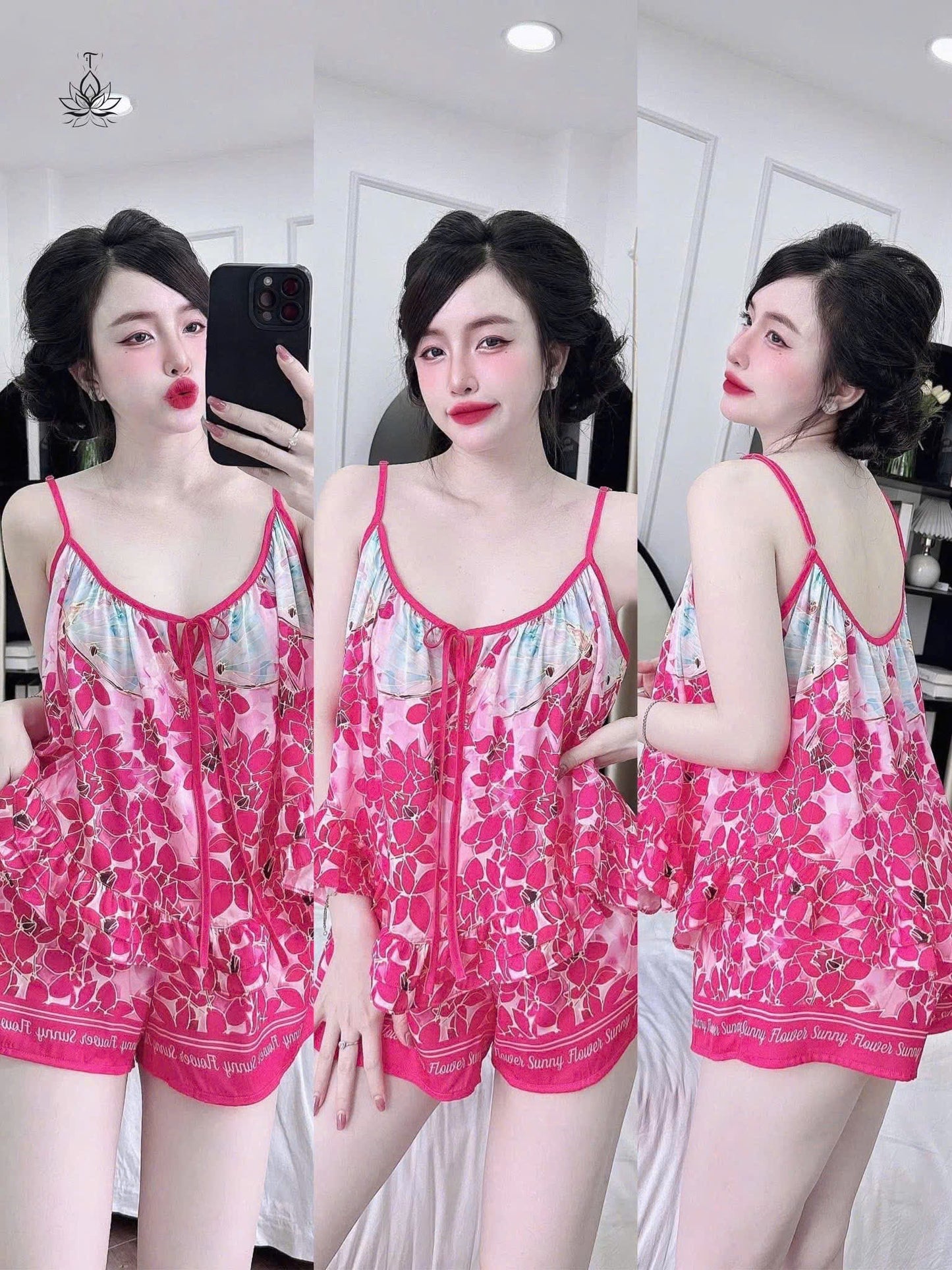 Bộ ngủ hoa 2 dây quần đùi lụa latin bèo đôi dưới 65kg