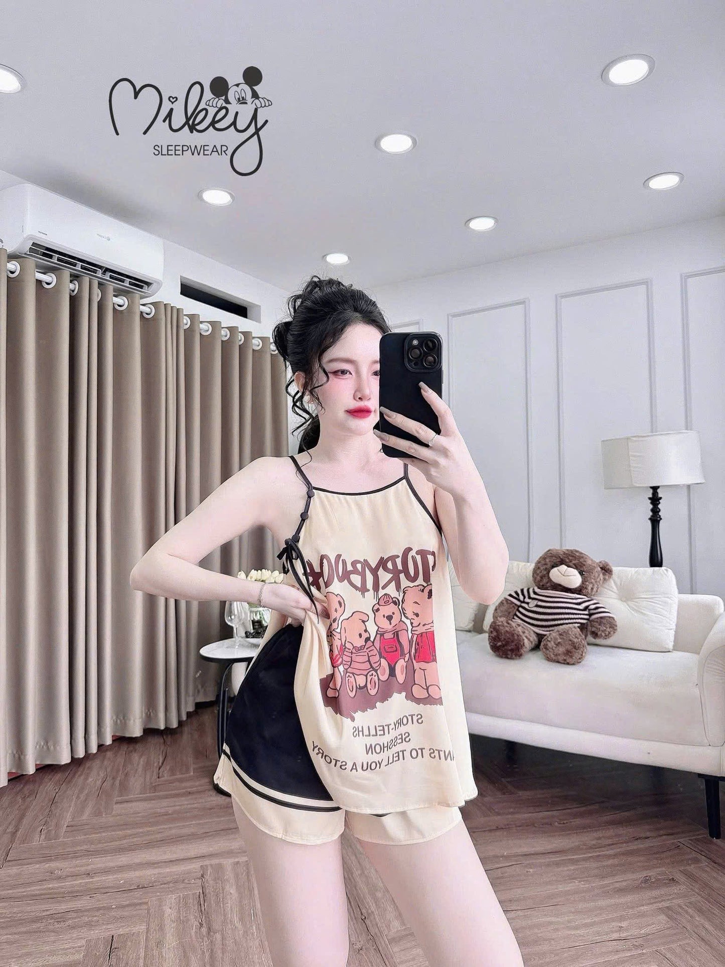 Bộ ngủ hoa 2 dây quần đùi Mikey yếm lụa latin dưới 60kg