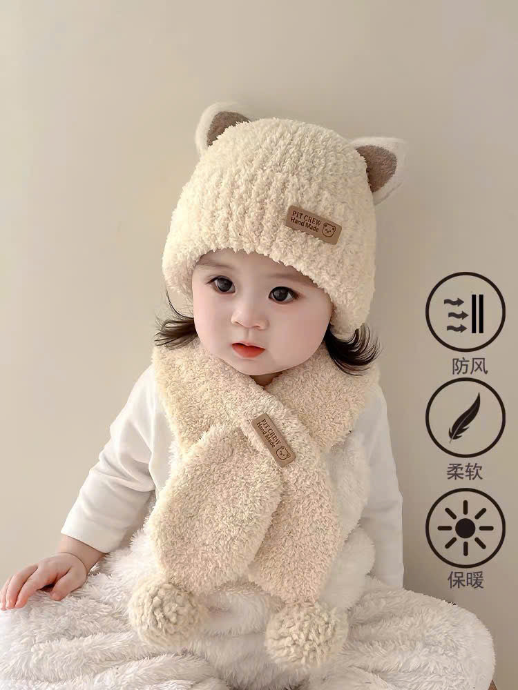 Mũ trùm đầu tai gấu phối khăn cổ lông cho bé