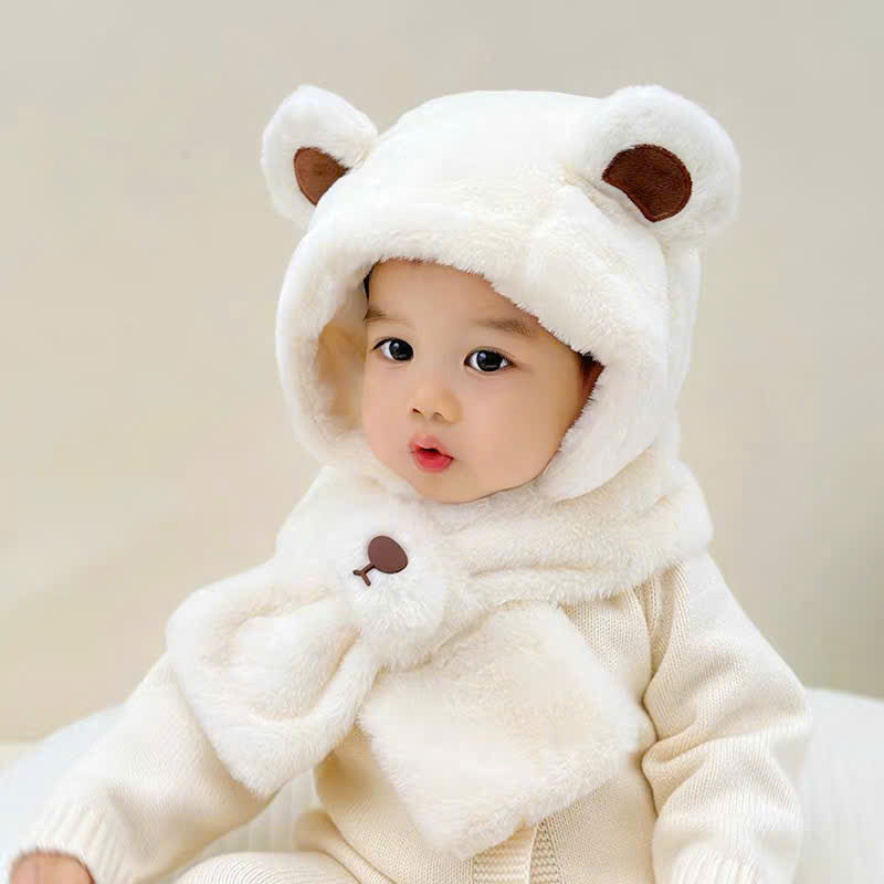 Mũ lông tai gấu phối khăn cổ cho bé