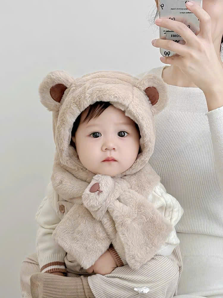 Mũ lông tai gấu phối khăn cổ cho bé