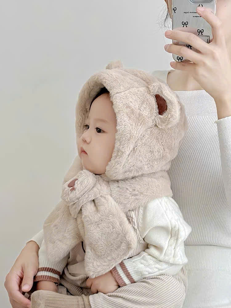Mũ lông tai gấu phối khăn cổ cho bé