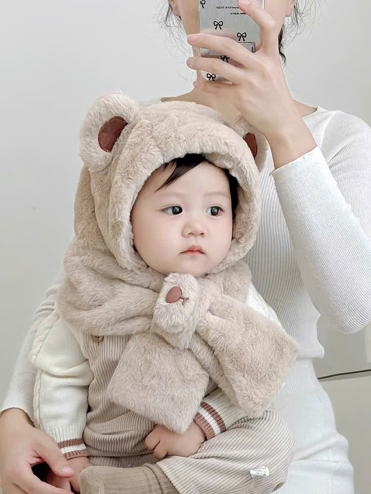 Mũ lông tai gấu phối khăn cổ cho bé