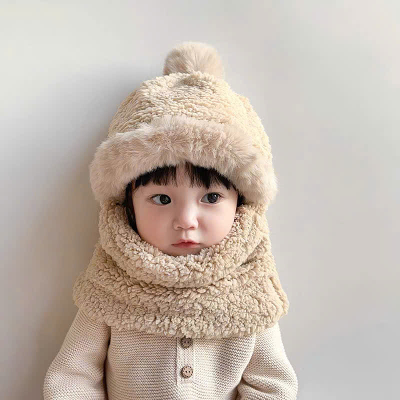 Mũ lông trùm đầu liền khăn cổ dạng tròng đầu cho bé
