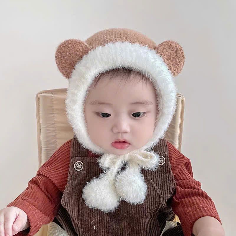 Mũ lông trùm đầu tai gấu viền trắng cho bé