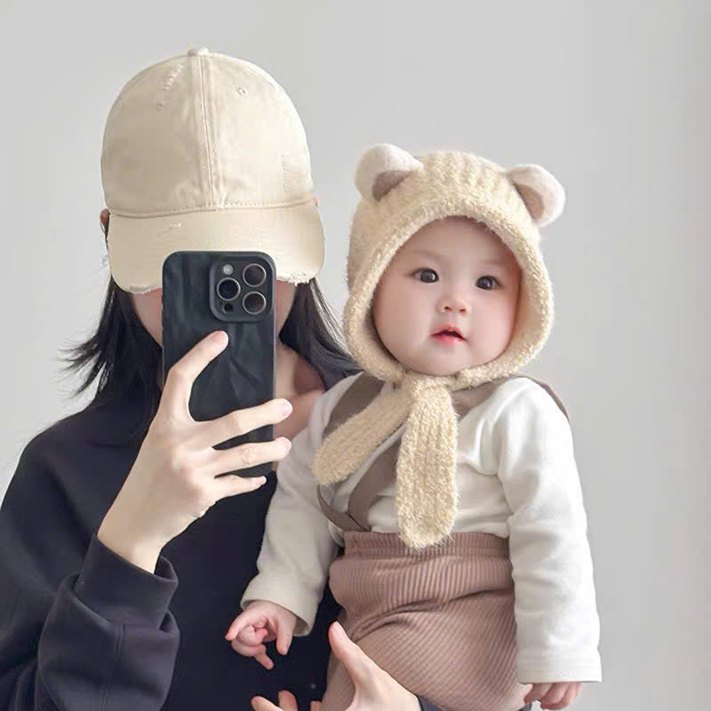 Mũ len trùm đầu tai gấu cho bé