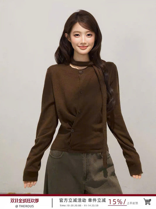 Áo len tay dài nâu vạt chéo