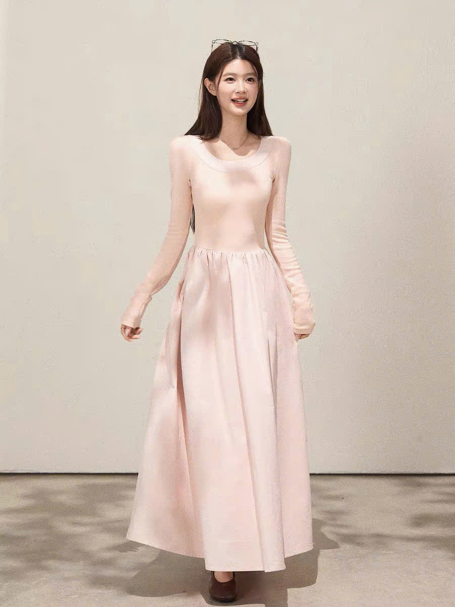 Váy dài hồng nhạt trơn cổ nơ thanh lịch