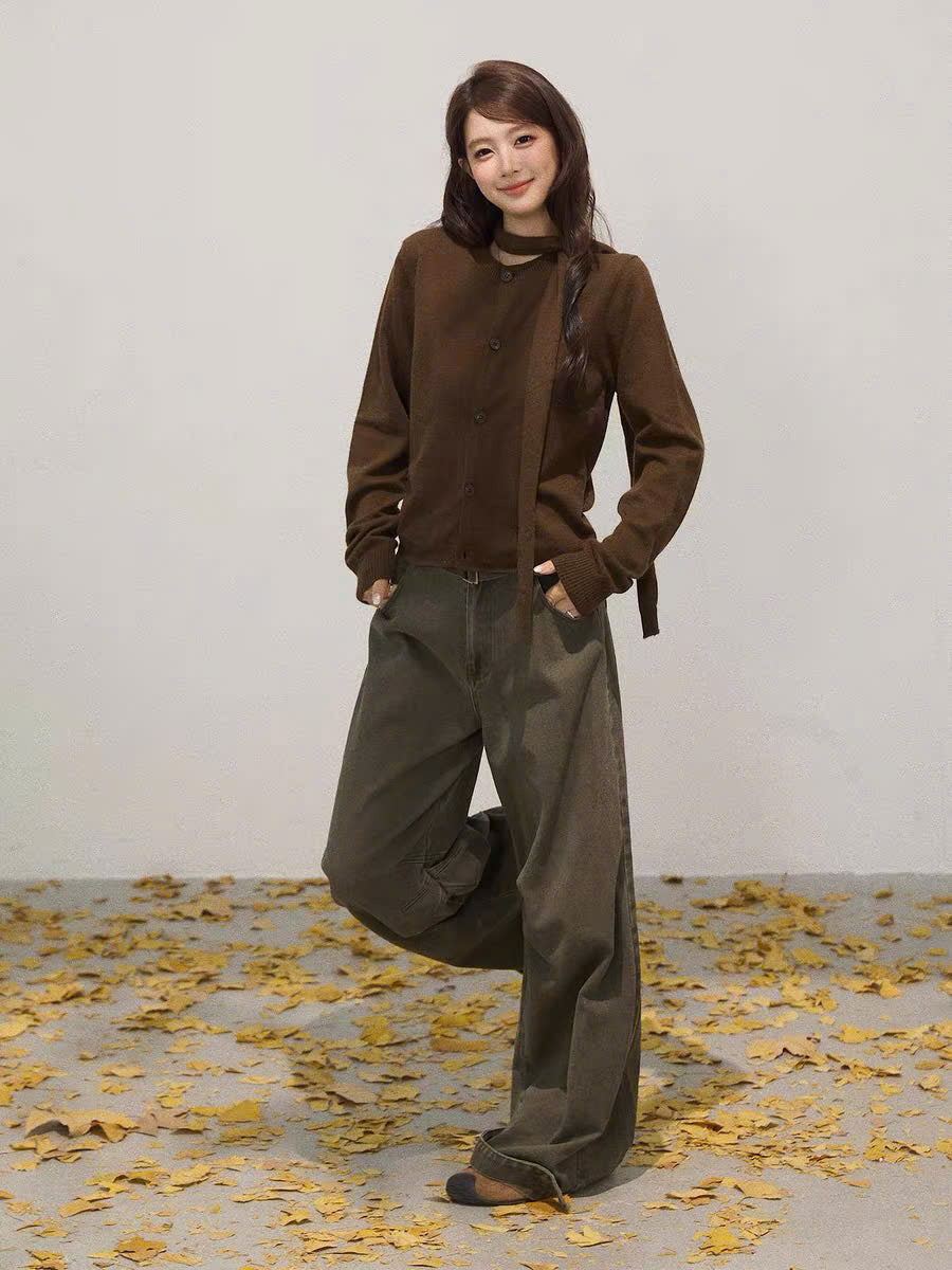Áo len tay dài nâu vạt chéo
