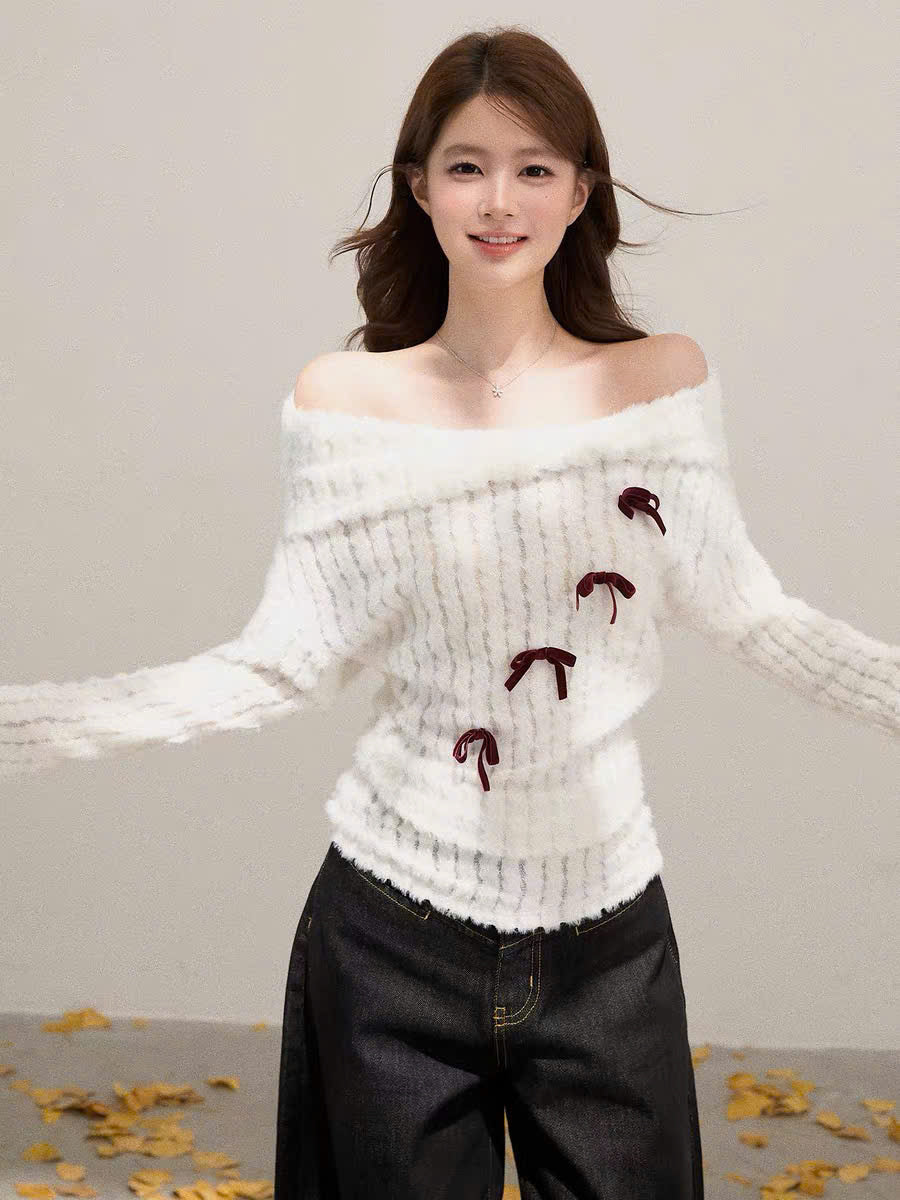 Áo len tay dài trễ vai trắng nơ đỏ