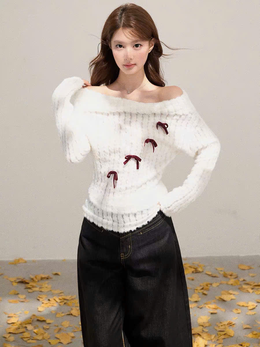 Áo len tay dài trễ vai trắng nơ đỏ