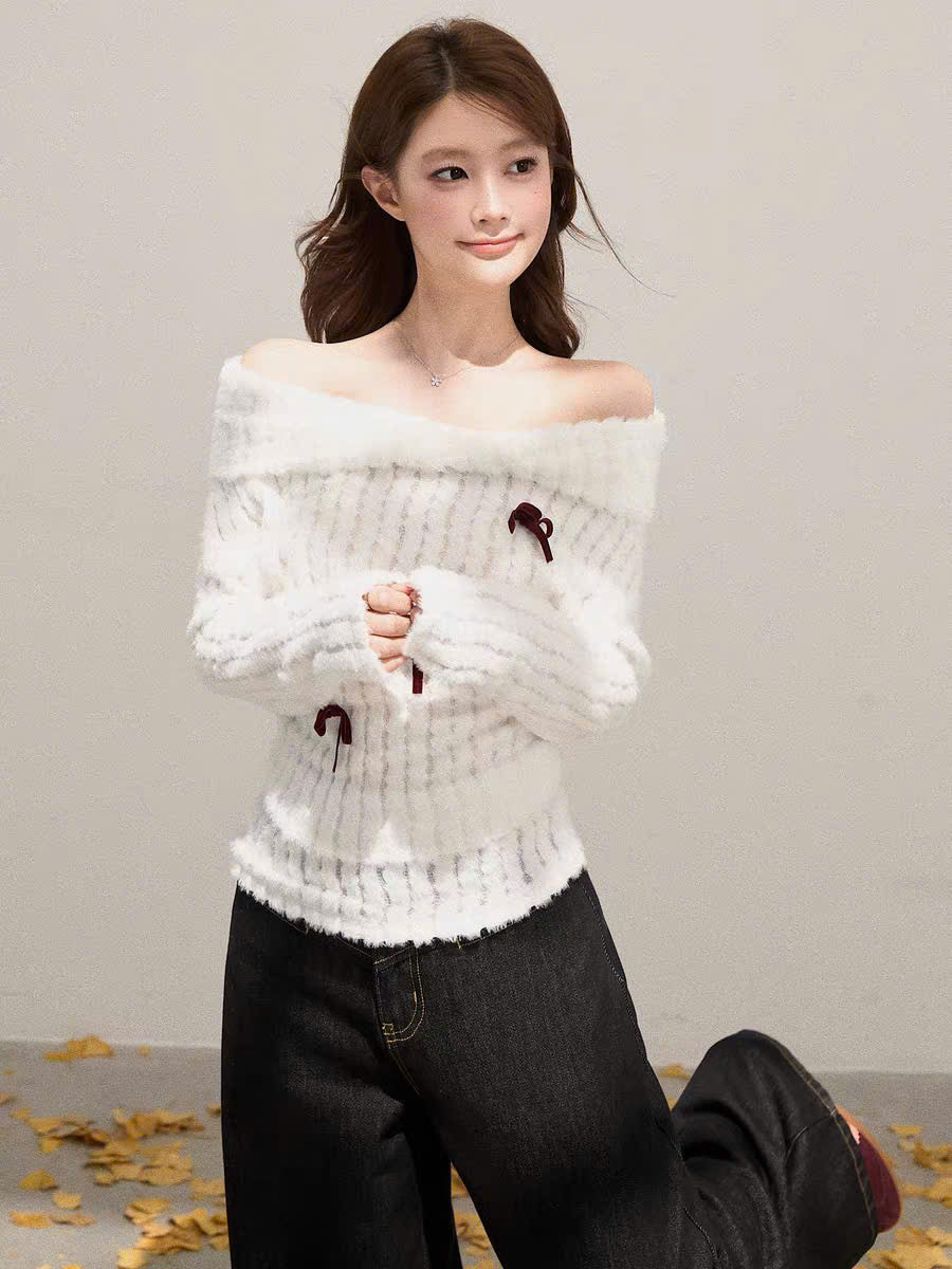 Áo len tay dài trễ vai trắng nơ đỏ