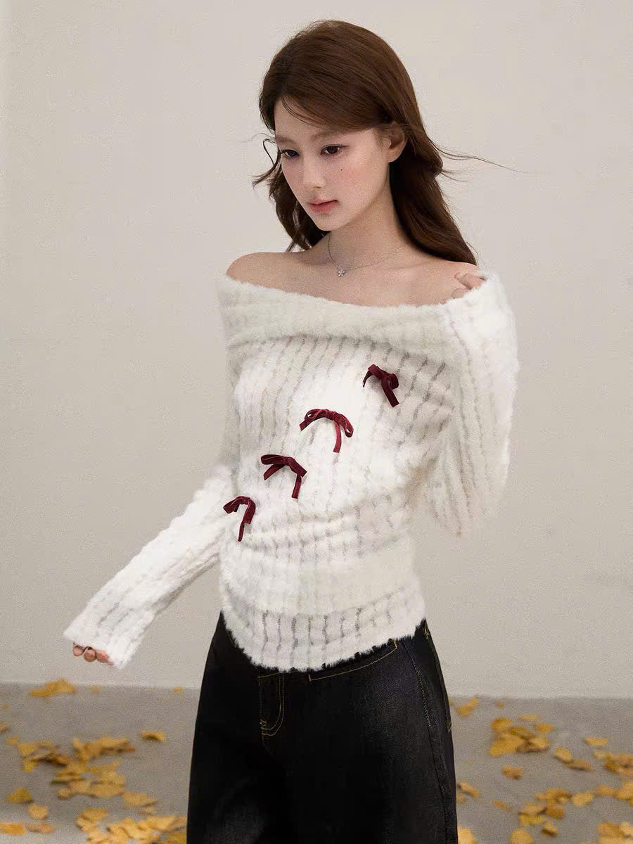 Áo len tay dài trễ vai trắng nơ đỏ
