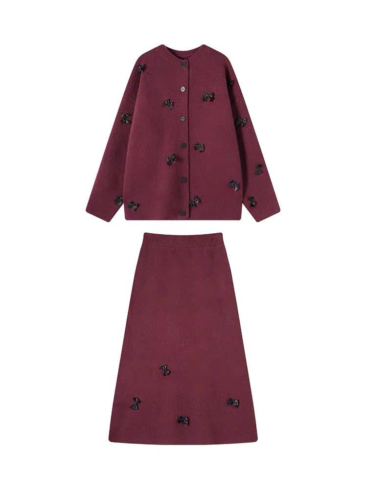 Set áo cardigan và chân váy dài đính nơ