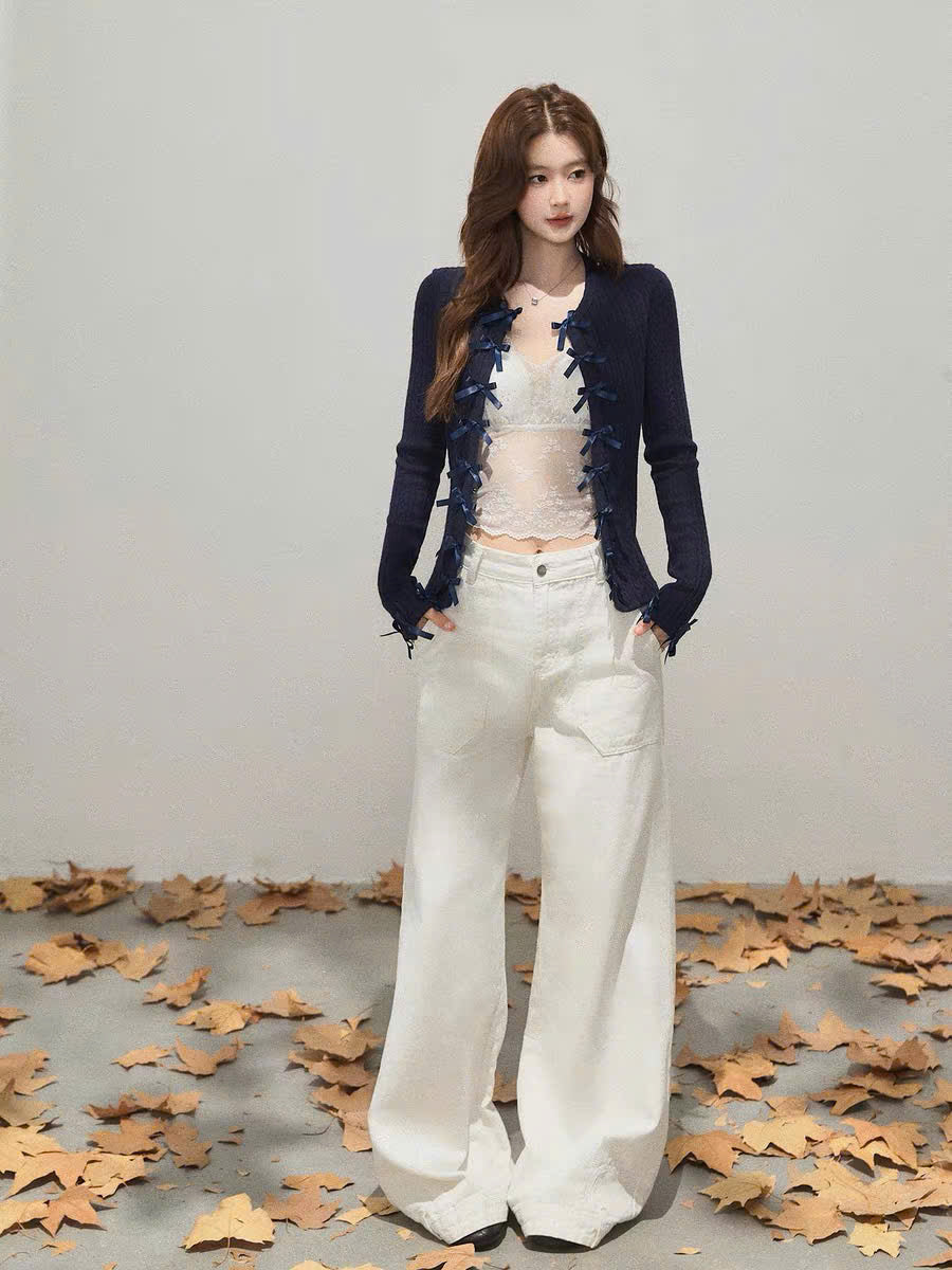 Áo khoác cardigan xanh than đính nơ