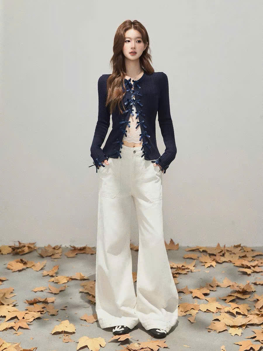 Áo khoác cardigan xanh than đính nơ