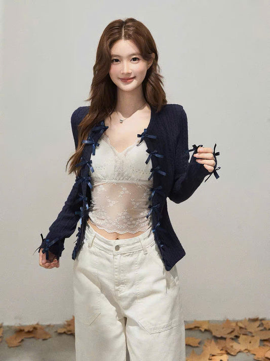 Áo khoác cardigan xanh than đính nơ