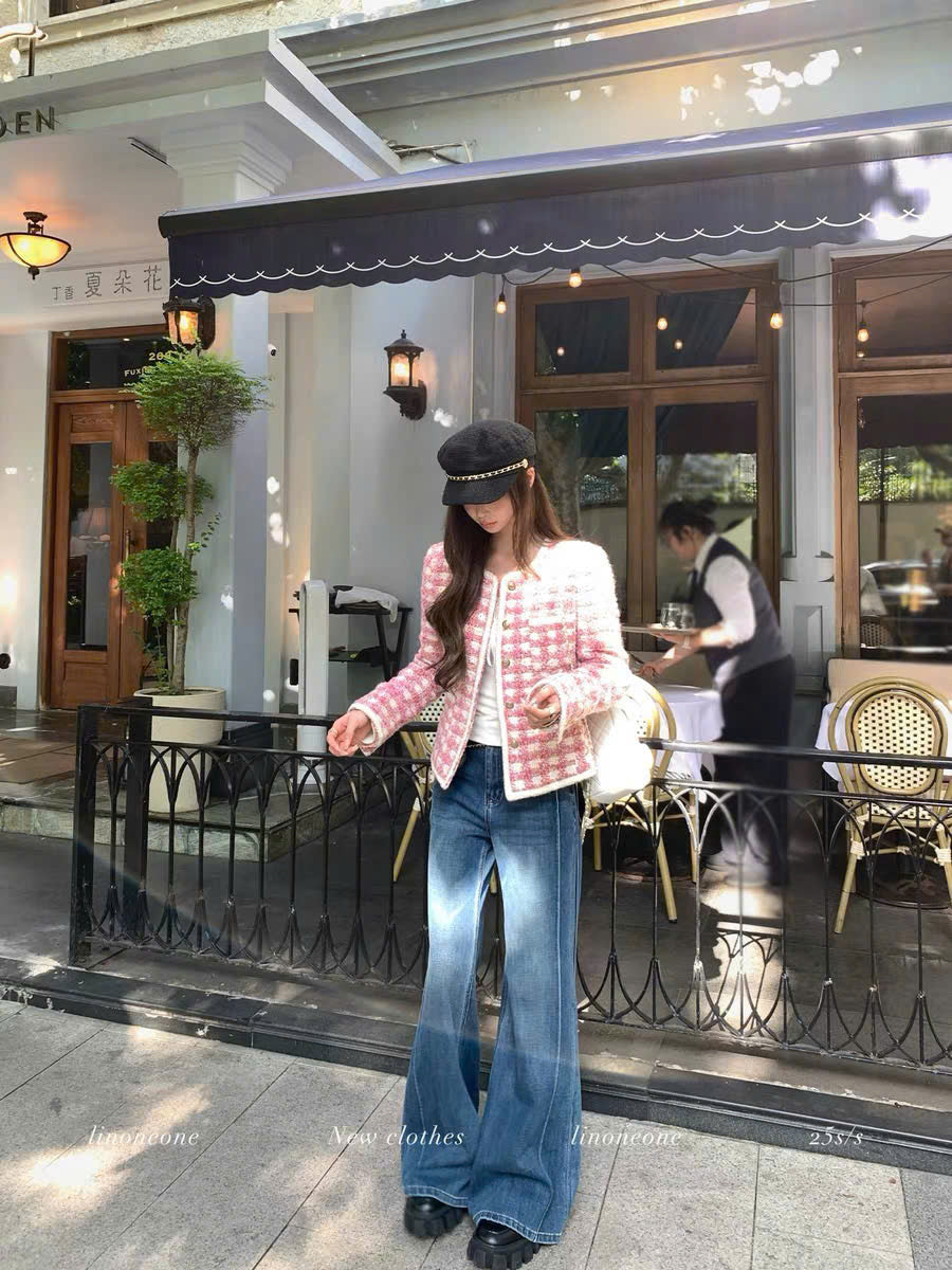 Áo khoác dạ tweed hồng trắng