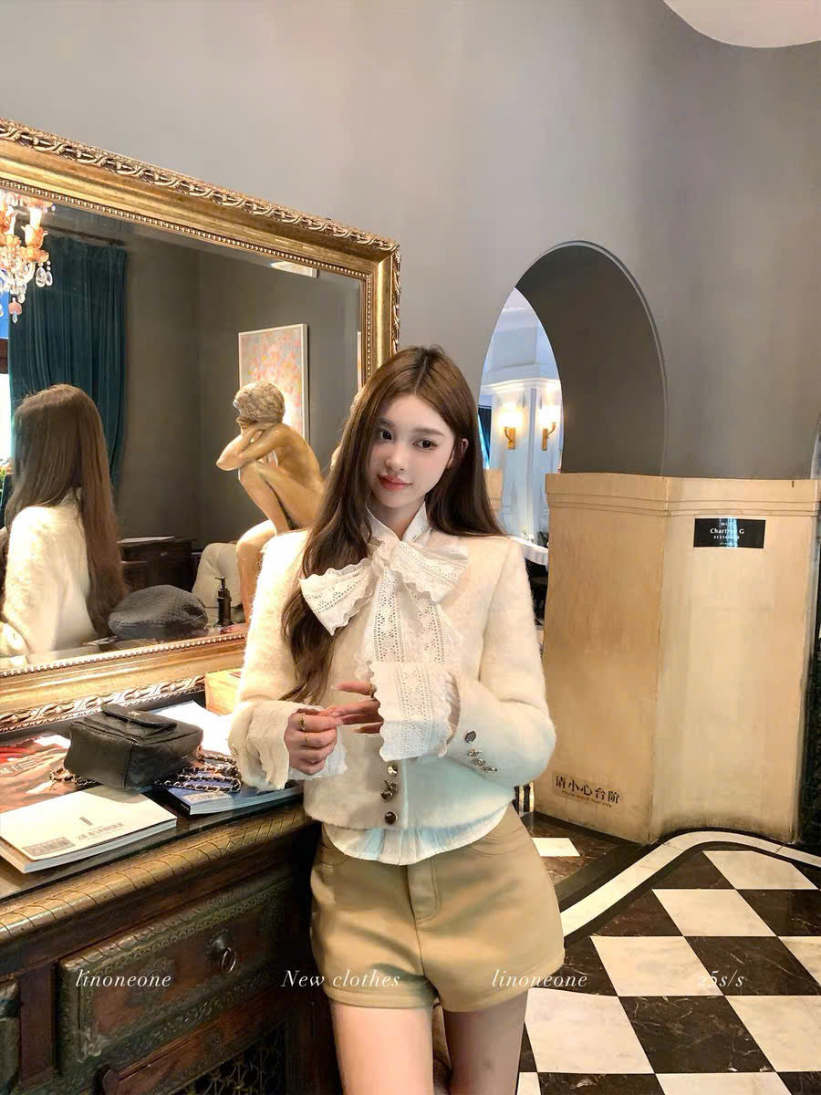 Áo khoác dạ lông phối ren nơ tiểu thư