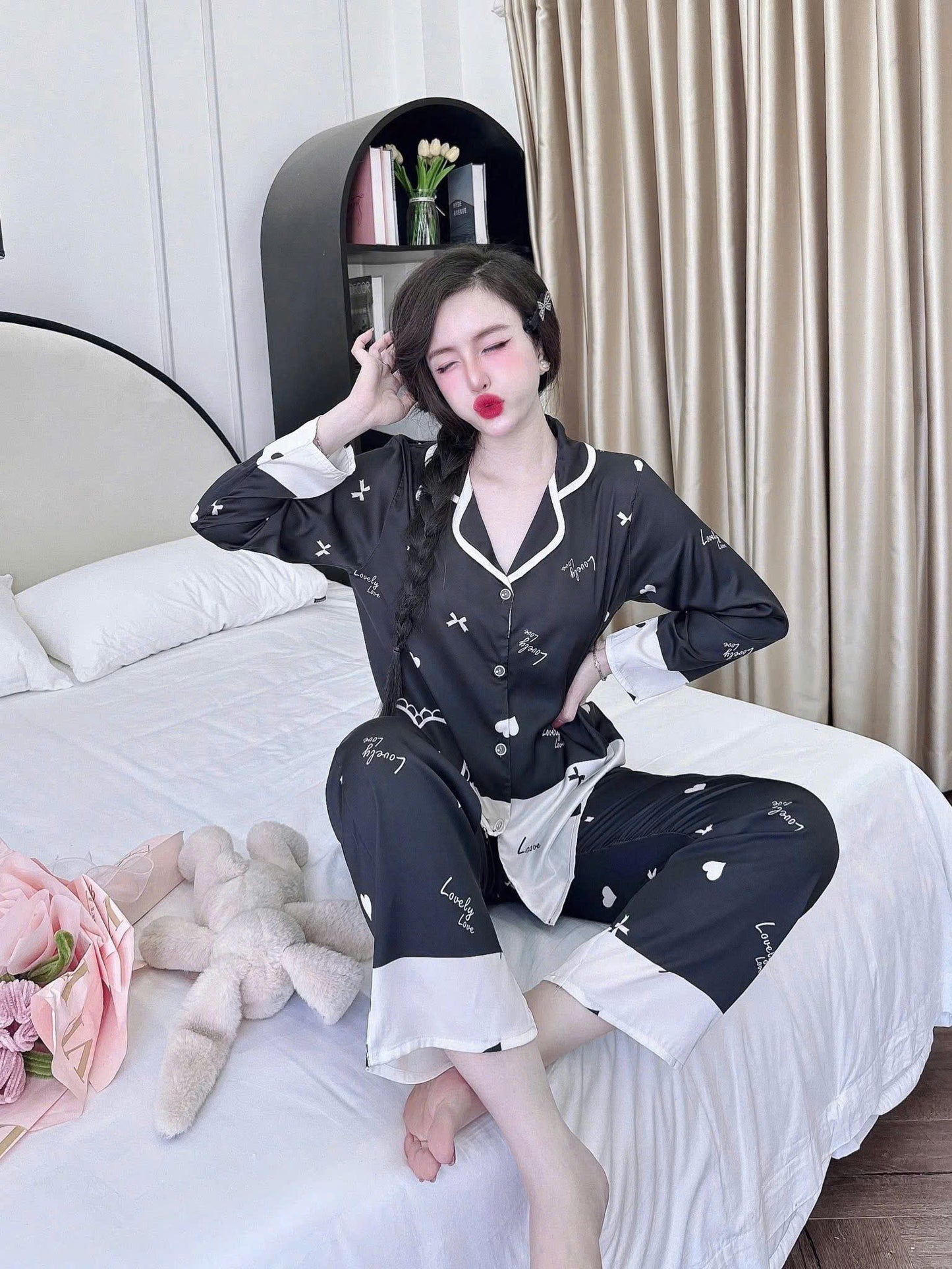 Bộ ngủ pijama tay dài quần dài lụa latin