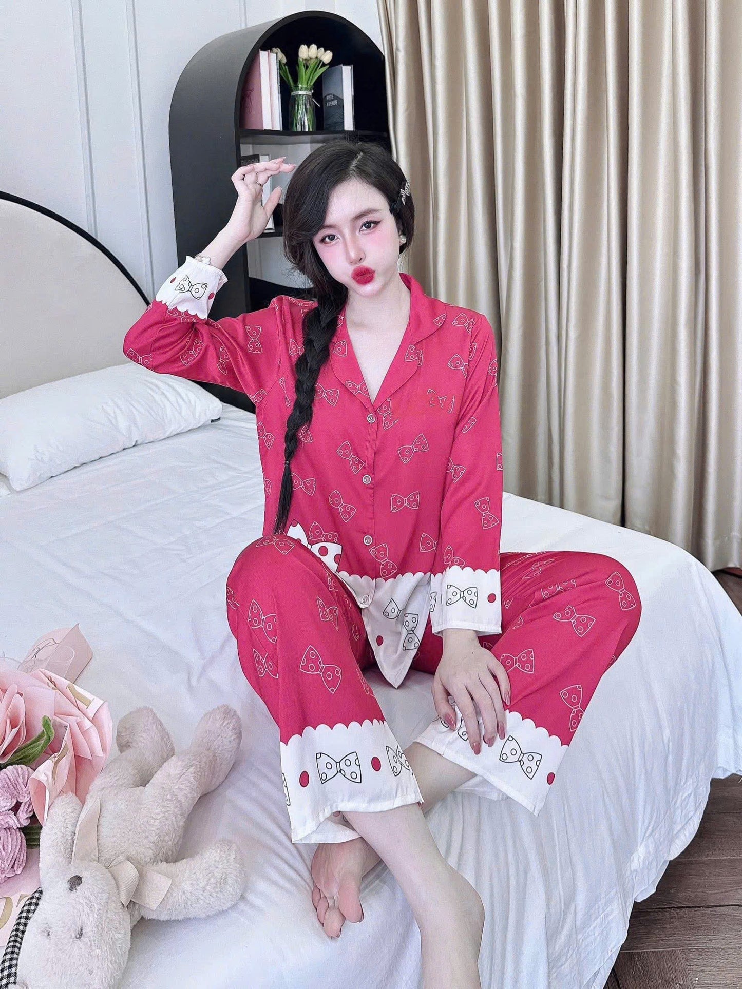 Bộ ngủ pijama tay dài quần dài lụa latin