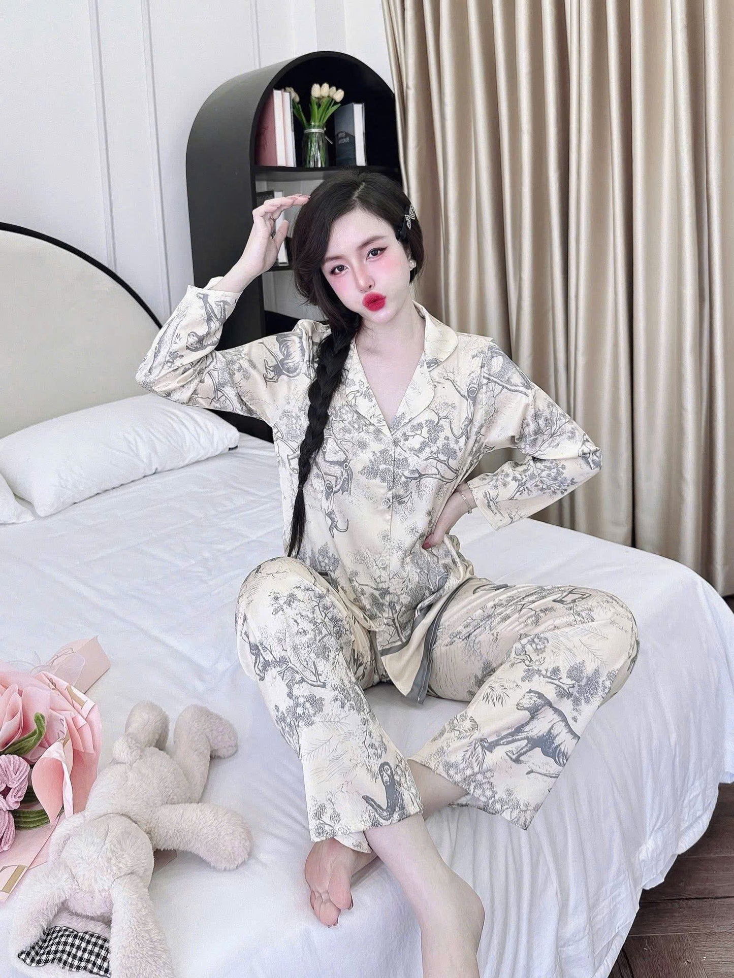 Bộ ngủ pijama tay dài quần dài lụa latin