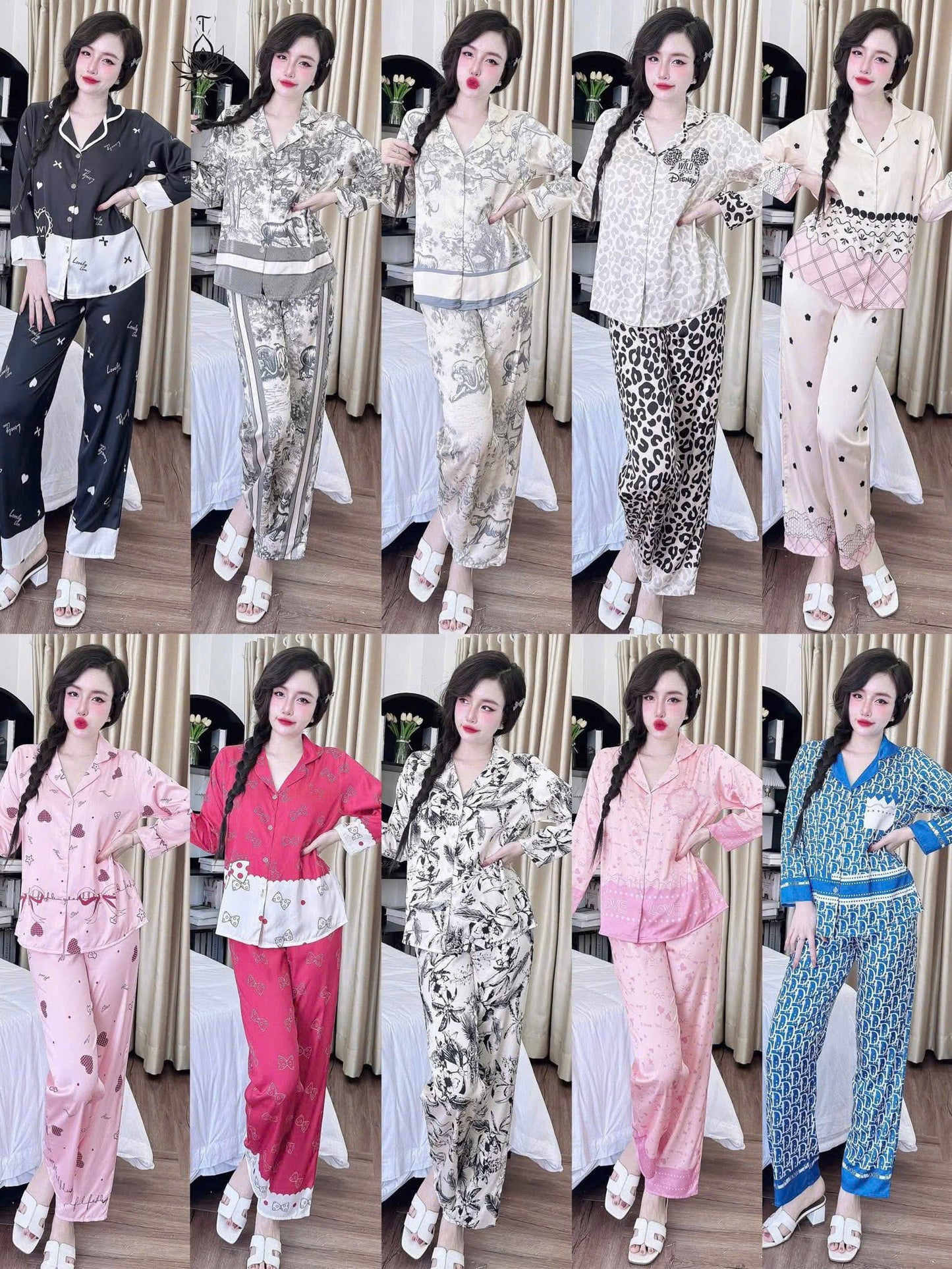 Bộ ngủ pijama tay dài quần dài lụa latin
