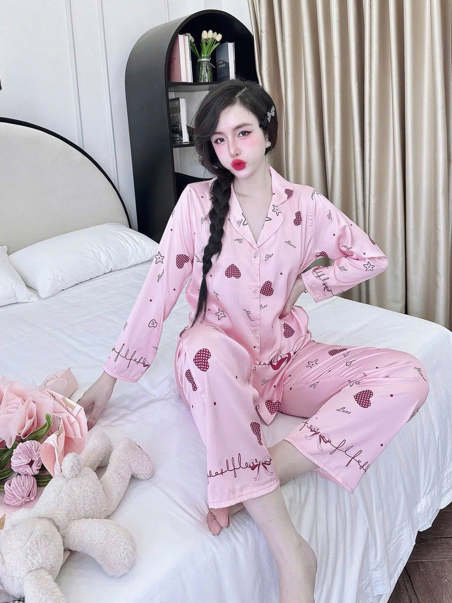 Bộ ngủ pijama tay dài quần dài lụa latin