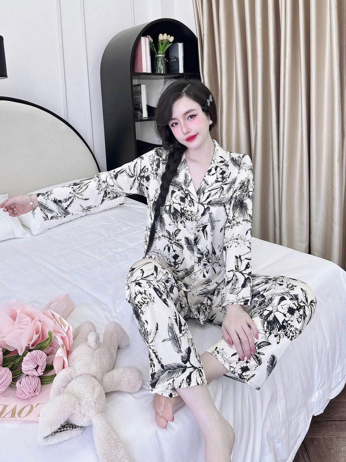 Bộ ngủ pijama tay dài quần dài lụa latin