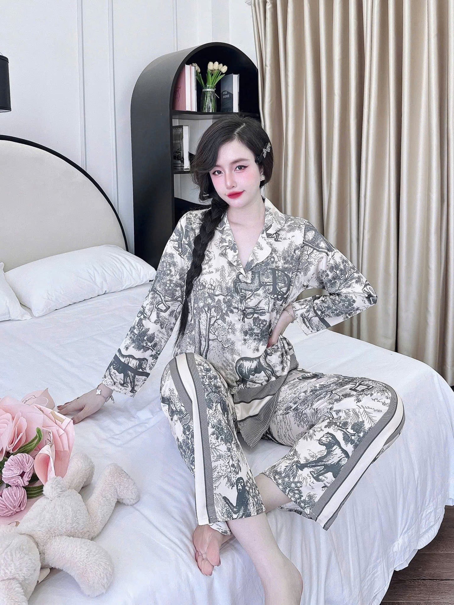 Bộ ngủ pijama tay dài quần dài lụa latin