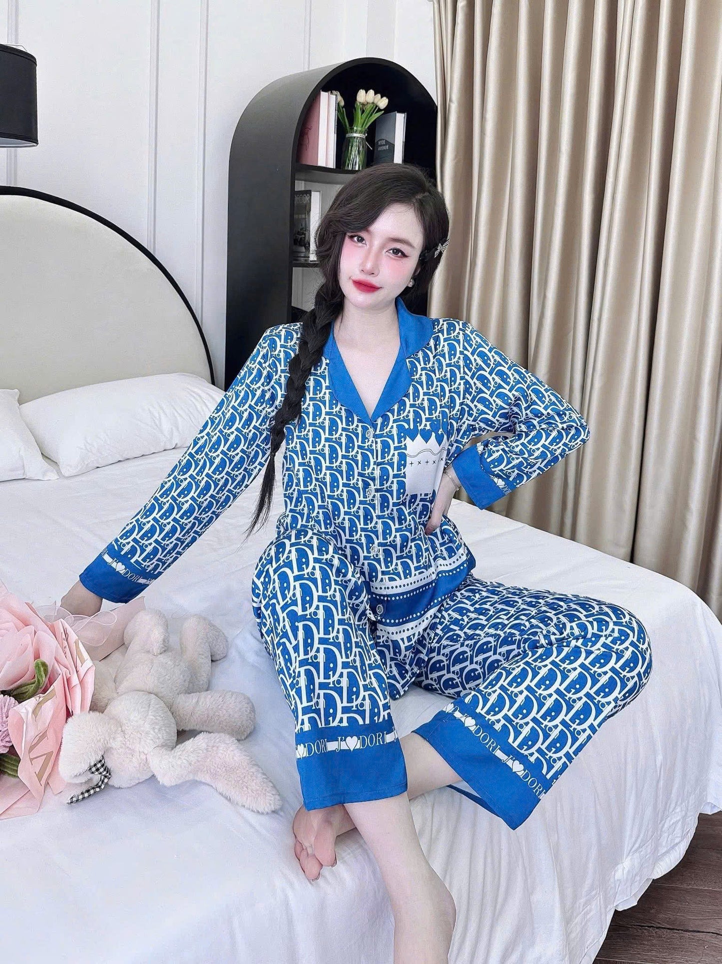 Bộ ngủ pijama tay dài quần dài lụa latin
