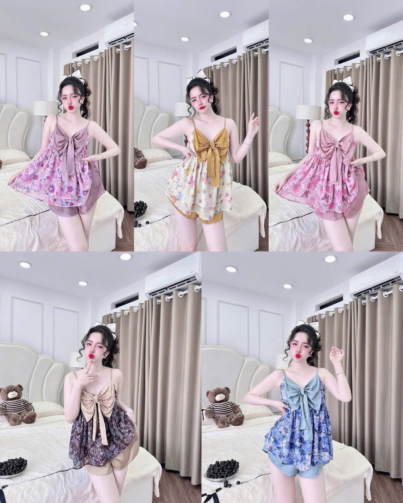 Bộ Ngủ 2 Dây Sexy Nơ Ngực TK Dễ Thương