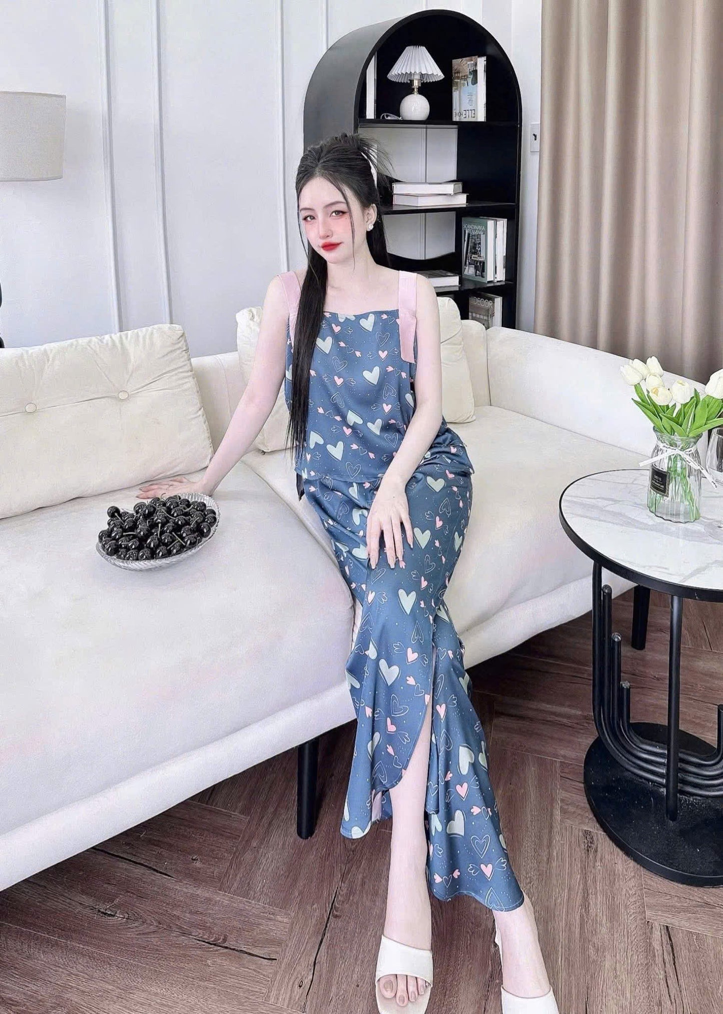 Bộ ngủ 2 dây bảng to phối màu dạng croptop dưới 70kg