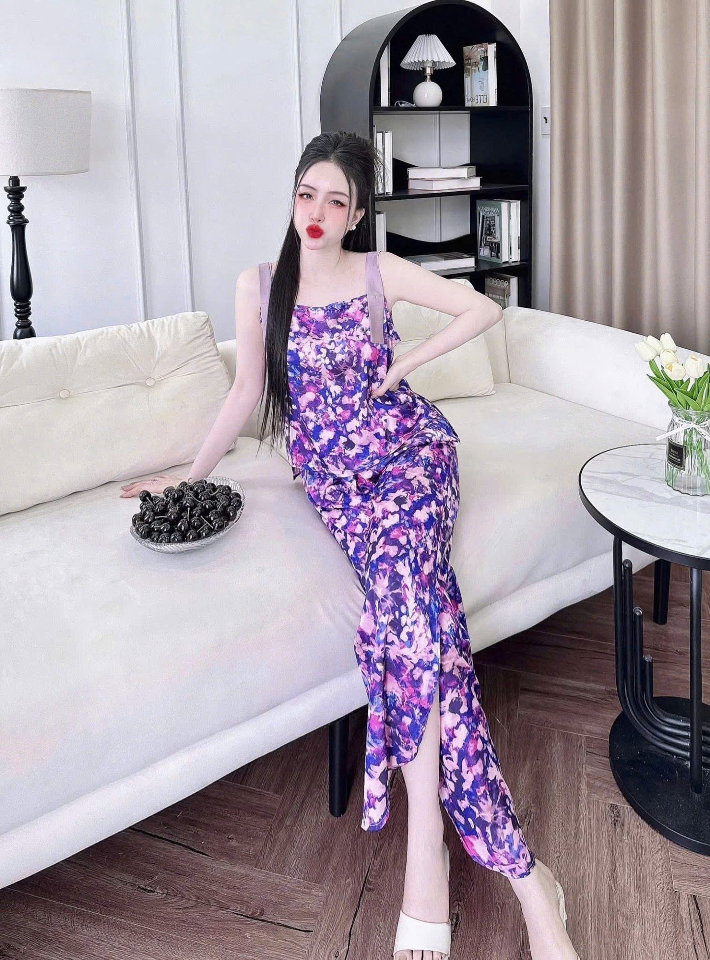Bộ ngủ 2 dây bảng to phối màu dạng croptop dưới 70kg