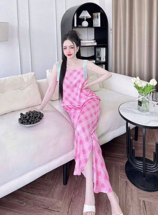 Bộ ngủ 2 dây bảng to phối màu dạng croptop dưới 70kg
