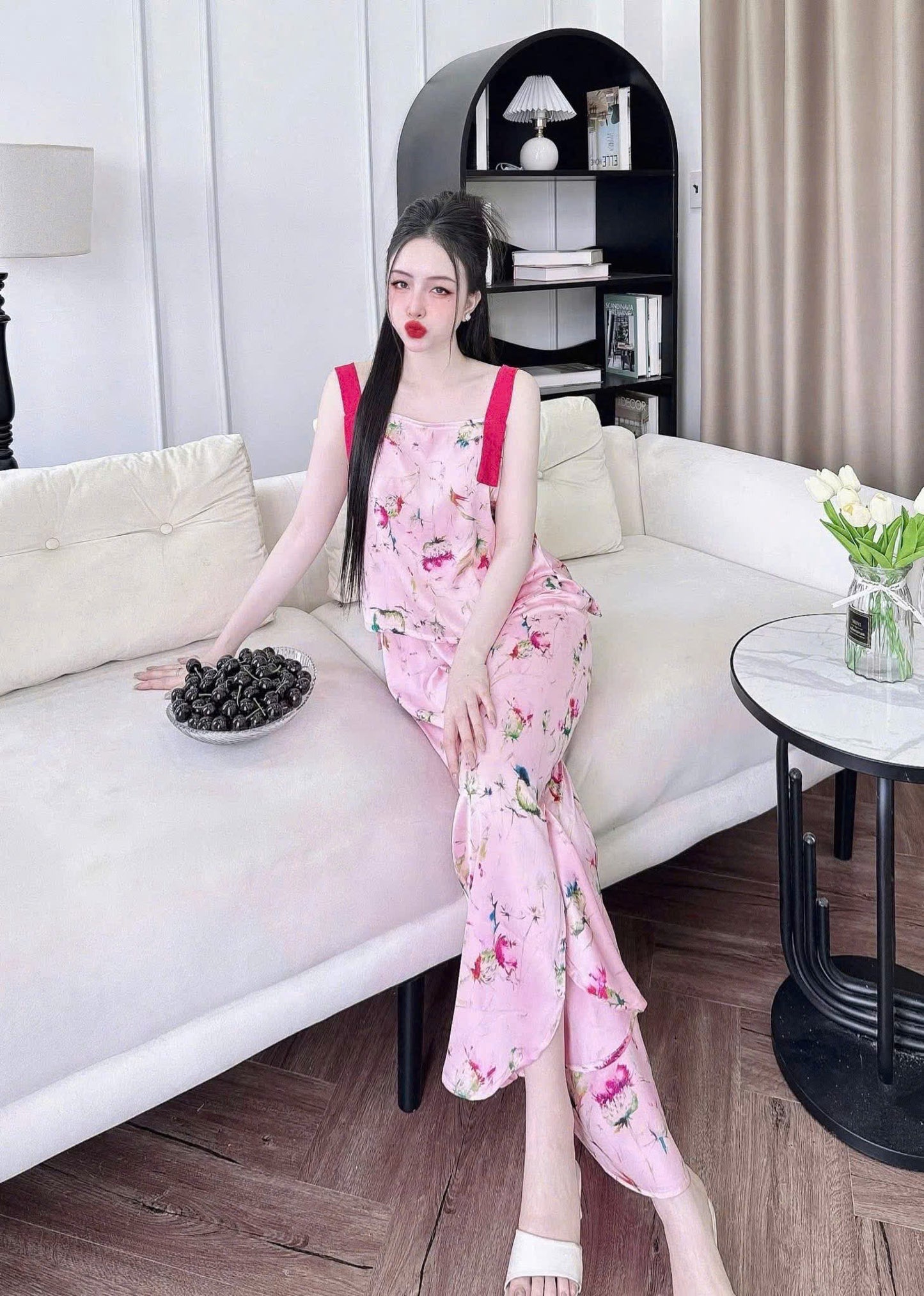 Bộ ngủ 2 dây bảng to phối màu dạng croptop dưới 70kg