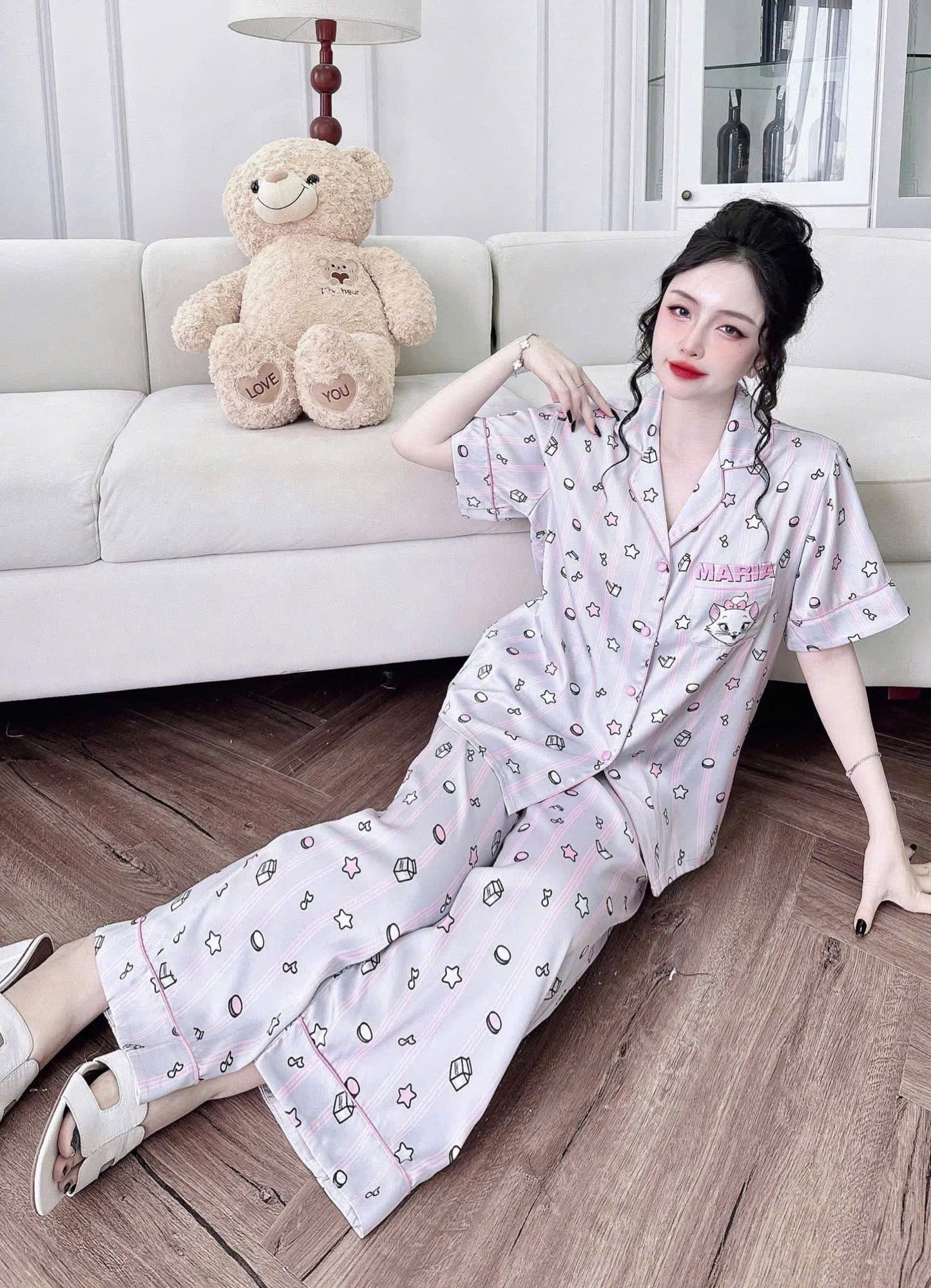 Bộ pijama tay ngắn quần dài in 3D lụa tơ tằm dưới 70kg