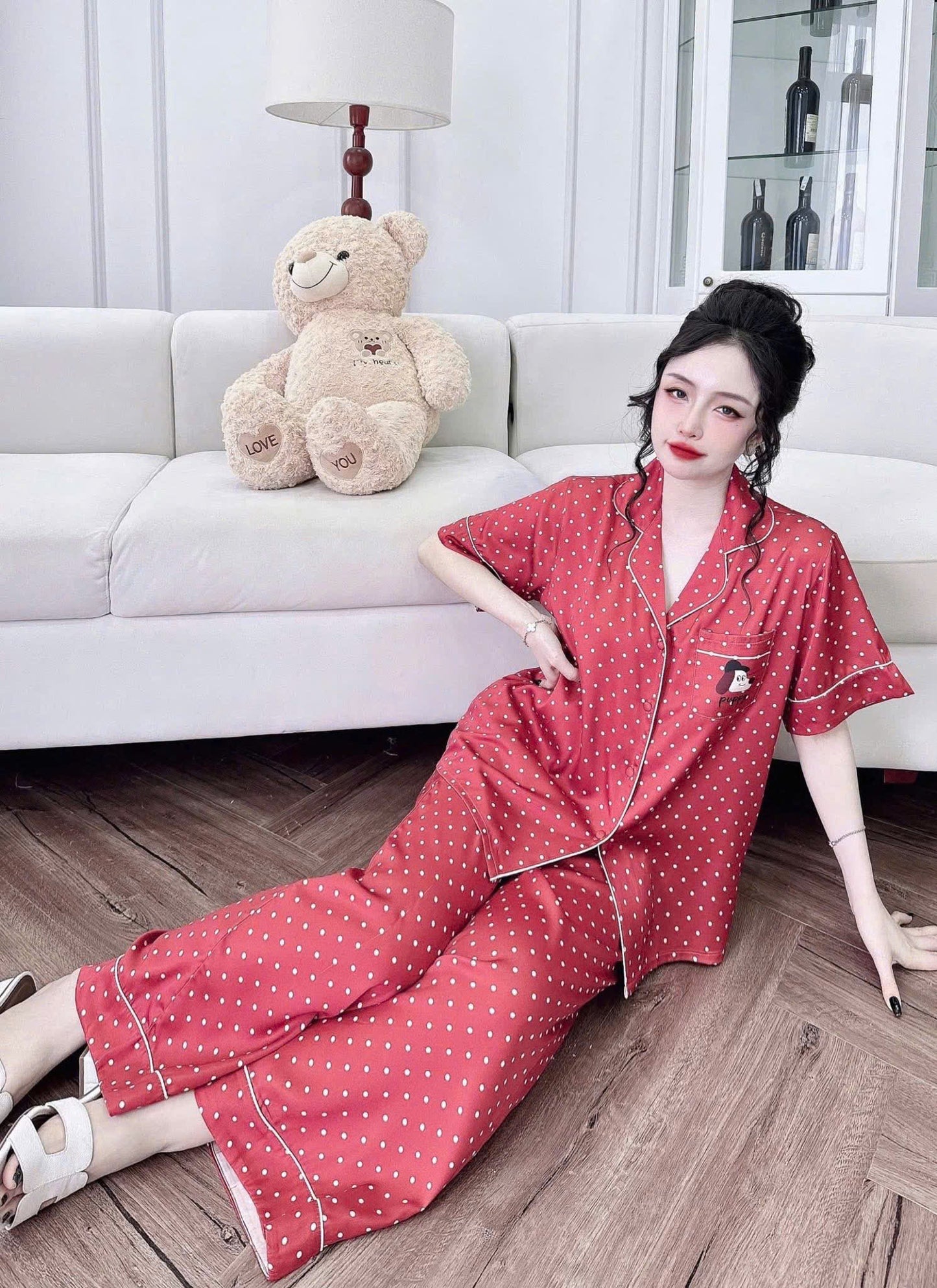 Bộ pijama tay ngắn quần dài in 3D lụa tơ tằm dưới 70kg