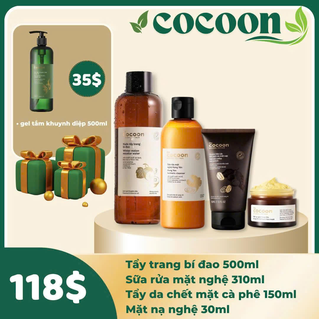 Combo Cocoon 4 món Tẩy trang bí đao + SRM nghệ + Tẩy da chết cà phê + Mask nghệ - Tặng Gel tắm