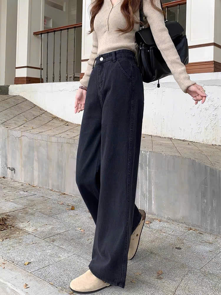 Quần jean suông đen trơn basic tôn dáng