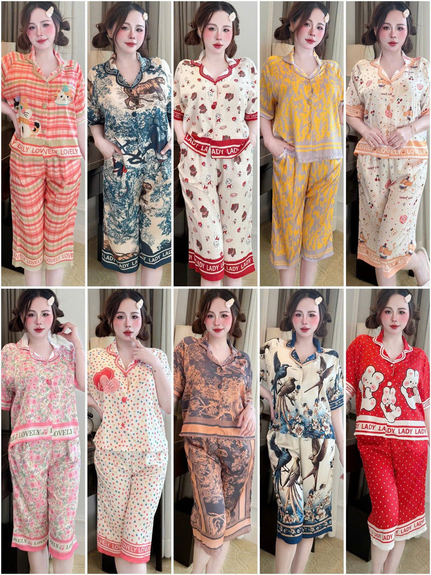 Bộ ngủ pijama quần lửng lụa latin
