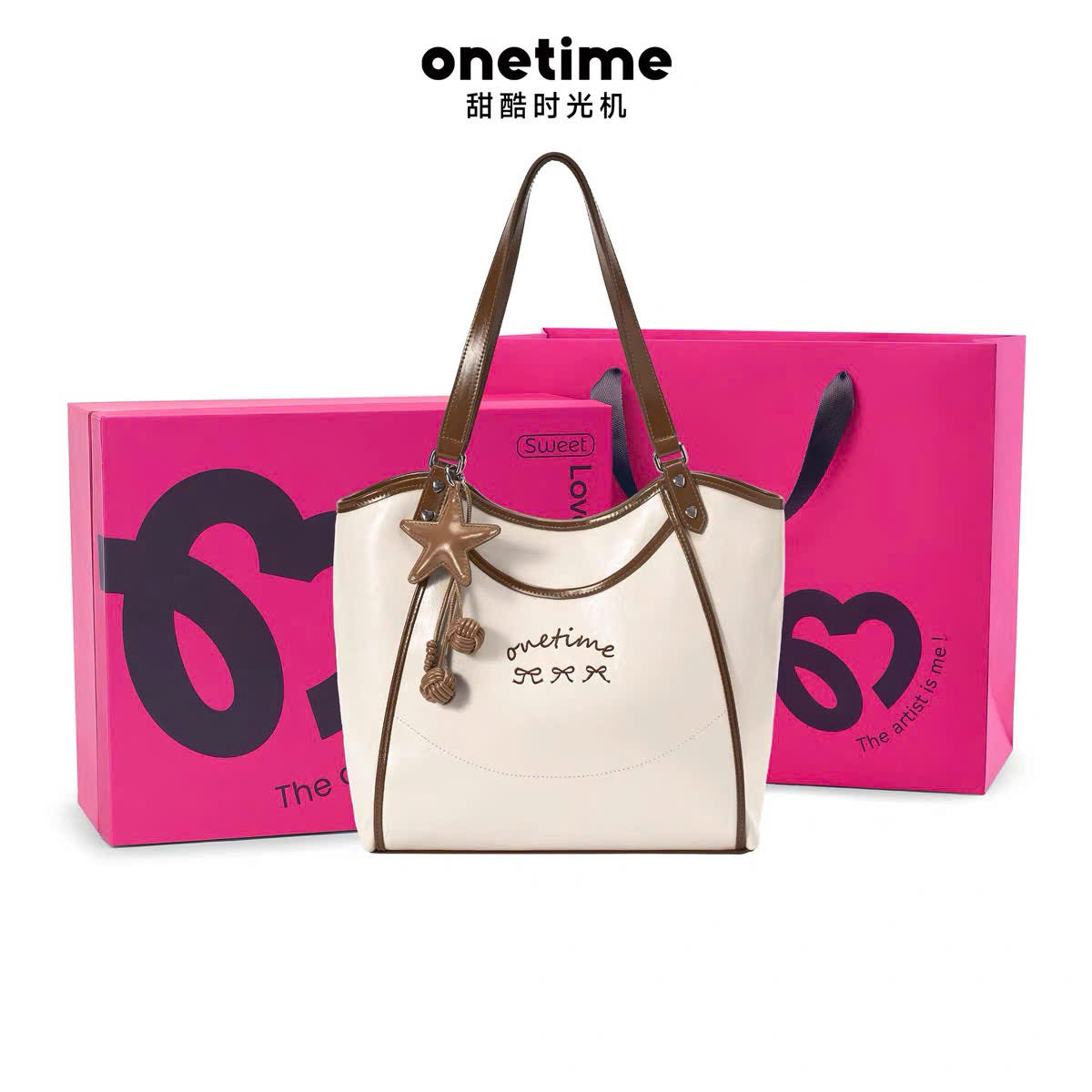 Túi tote da bóng charm nơ form rộng Onetime