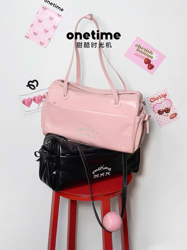Túi da bóng đeo vai 2 kiểu dây đeo thêu nơ nhí Onetime