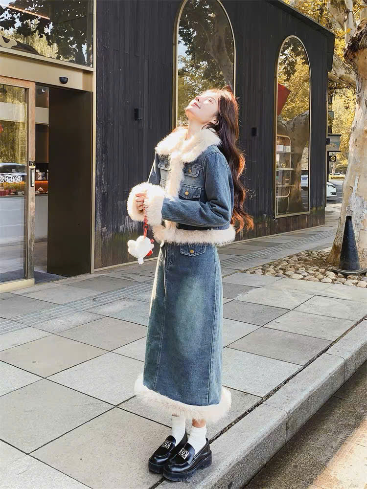 Set áo khoác và váy suông denim viền lông dày dặn