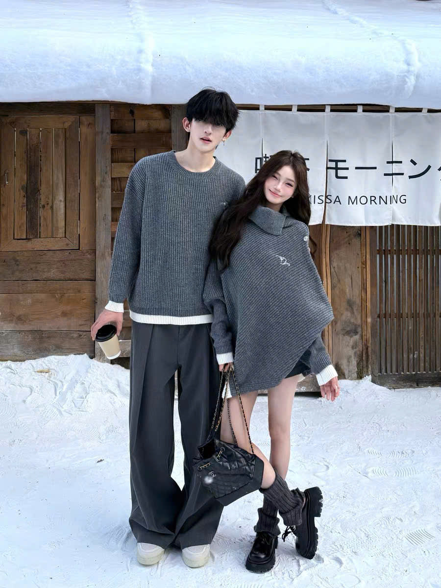 Áo len dệt kim xám cho cặp đôi
